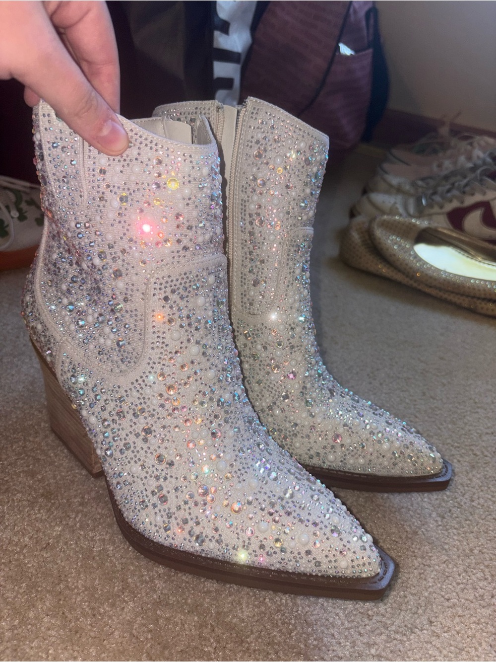 Embellished Ivory Crystal Western Booties - Women